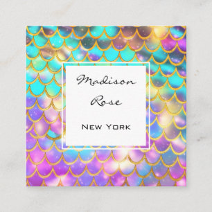 Colorful Pastel Rainbow Unicorn Gold Mermaid Scale Square Business Card