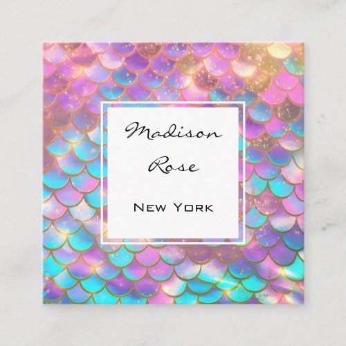 Colorful Pastel Rainbow Unicorn Gold Mermaid Scale Square Business Card