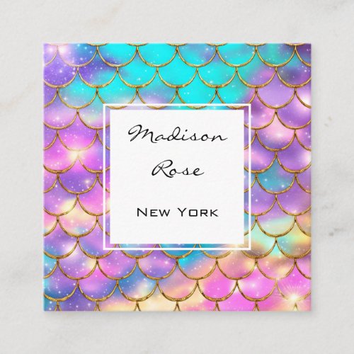 Colorful Pastel Rainbow Unicorn Gold Mermaid Scale Square Business Card