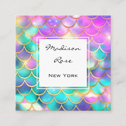 Colorful Pastel Rainbow Unicorn Gold Mermaid Scale Square Business Card