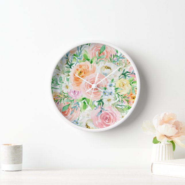 Colorful Pastel Rose Flowers Pattern Clock (Home)
