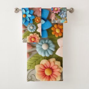Colorful Pastel Spring 3D Felt Floral Art Bath Towel Set