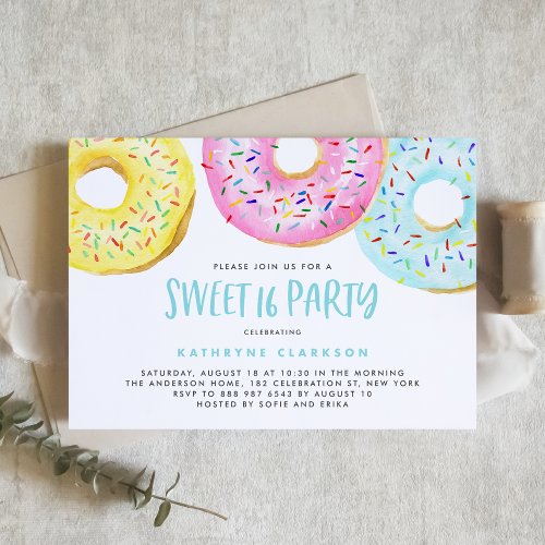 Colorful Pastel Sprinkle Donuts Sweet 16 Party Invitation