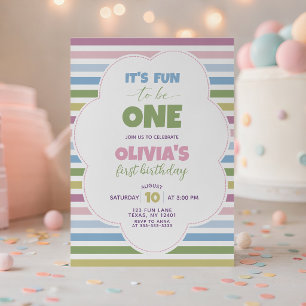 Colorful Pastel Striped 1st Birthday Invite