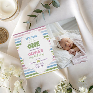 Colorful Pastel Striped Photo 1st Birthday Invite