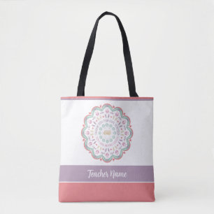 Colorful pastel teacher appreciation mandala name tote bag