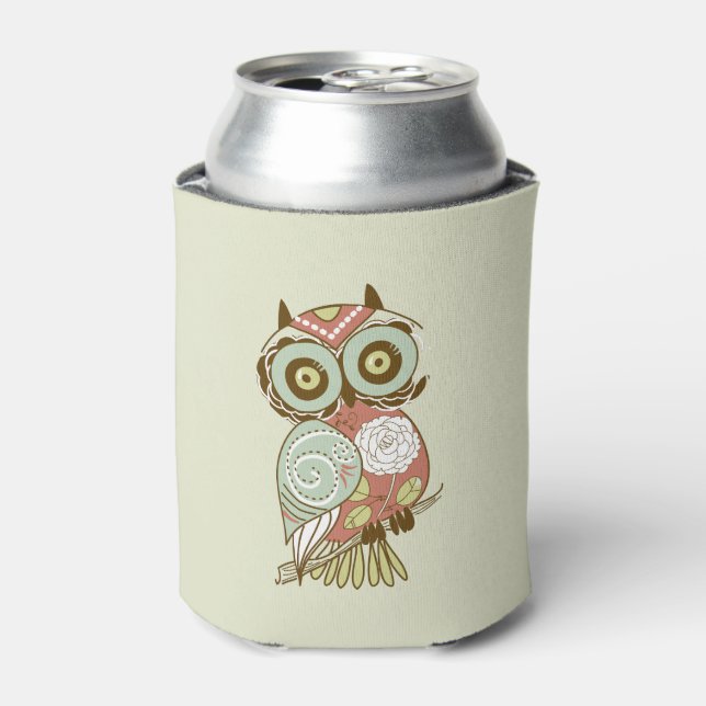 Colorful Pastel Tones Retro Floral Owl Can Cooler (Can Front)