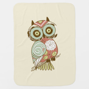 Colorful Pastel Tones Retro Floral Owl Swaddle Blanket