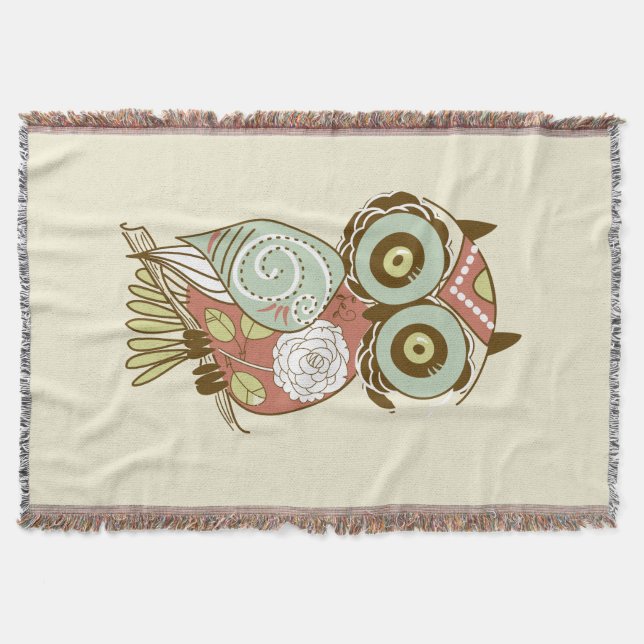 Colorful Pastel Tones Retro Floral Owl Throw Blanket (Front)