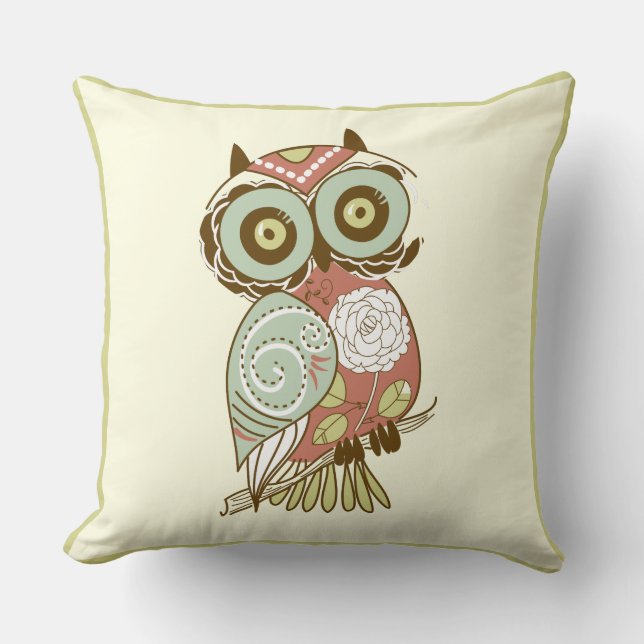 Colorful Pastel Tones Retro Floral Owl Throw Pillow (Front)