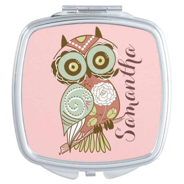 Colorful Pastel Tones Retro Floral Owl Vanity Mirror (Front)