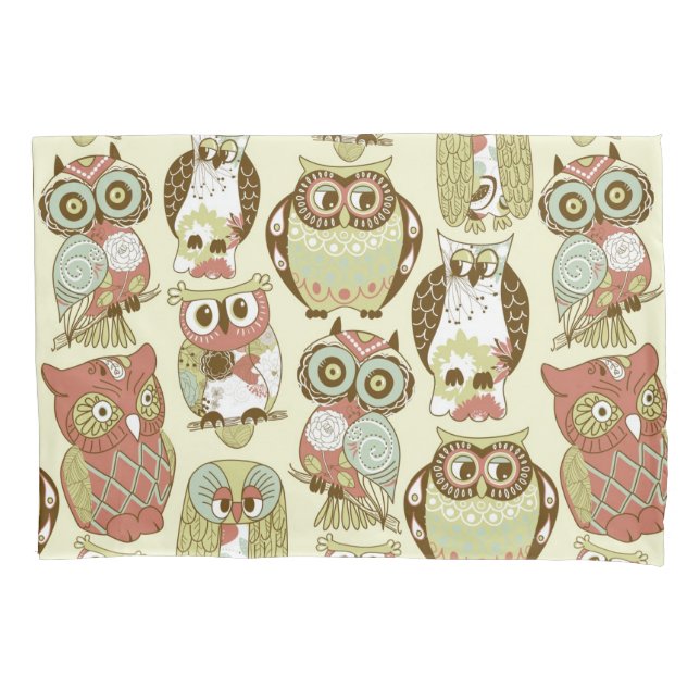 Colorful Pastel Tones Retro Floral Owls Pattern Pillowcase (Front)