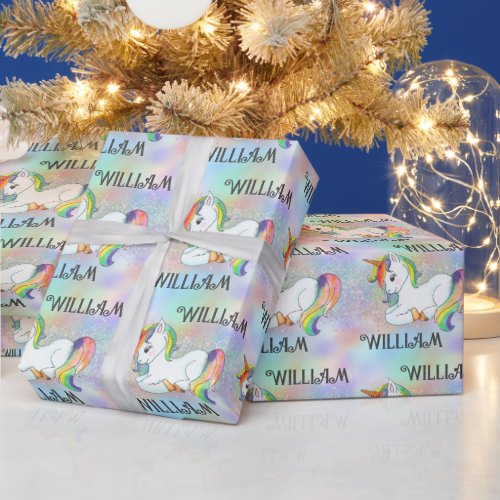 Colorful Pastel Unicorn Rainbow Holo Glitter Cute Wrapping Paper