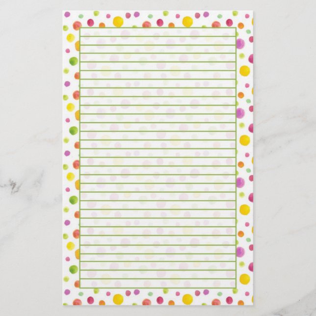 Colorful Pastel Watercolor Dots Lined Stationery (Front)