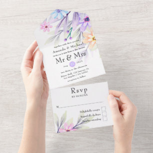 Colorful Pastel Watercolor Floral Wedding All In One Invitation