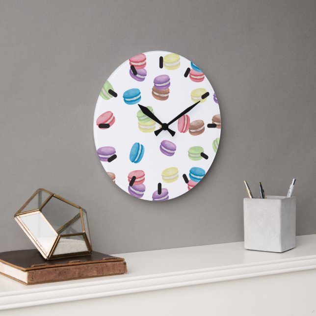 Colorful Pastel Watercolor French Macarons  Large Clock (Office)