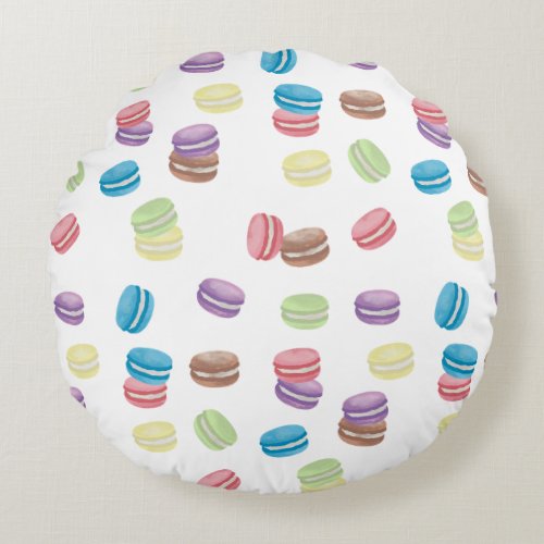 Colorful Pastel Watercolor French Macarons  Round Pillow