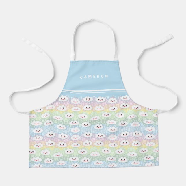 Colorful Pastel Waves Kawaii Clouds Pattern Kids Apron (Front)