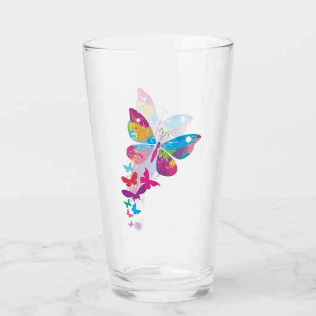 Colorful Patchwork Butterflies Drinking Glass (Front)