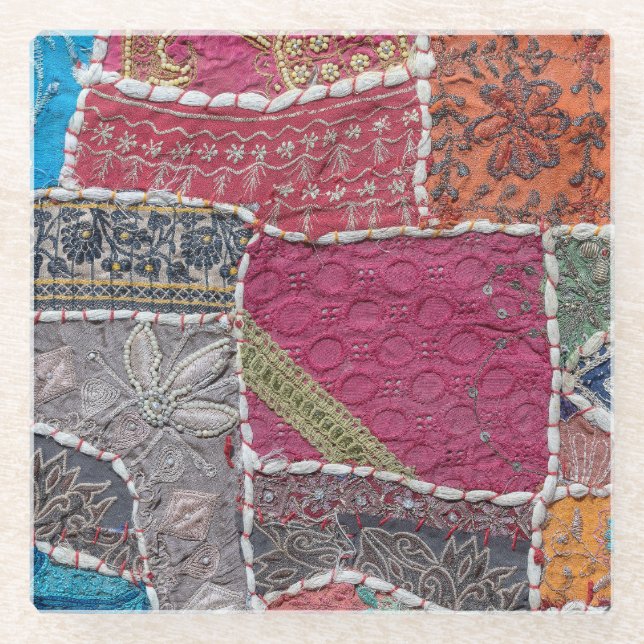 Colorful Patchwork Carpet Closeup Detail Glass Coaster (Front)