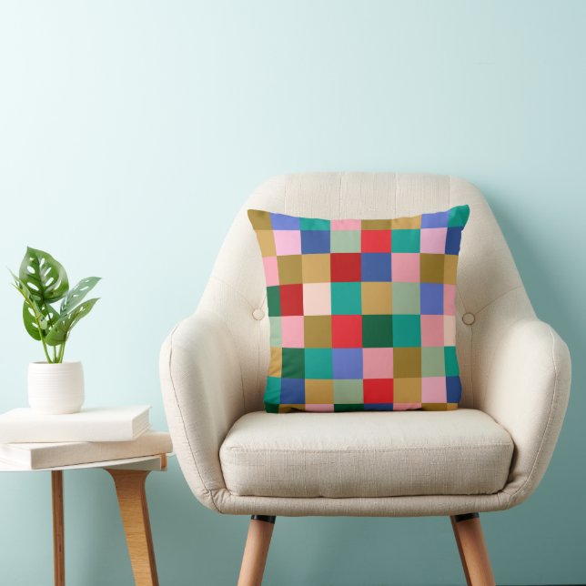 Colorful Patchwork Checkerboard Modern Geometric Throw Pillow (Chair)