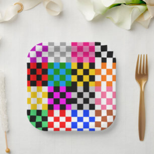 Colorful Patchwork Checkered Pattern Design Paper Plates