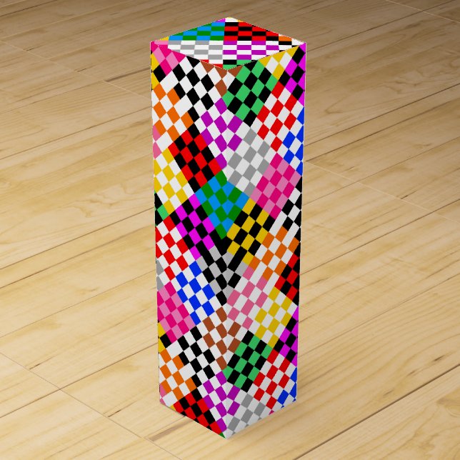 Colorful Patchwork Checkered Pattern Design  Wine Box (Front)
