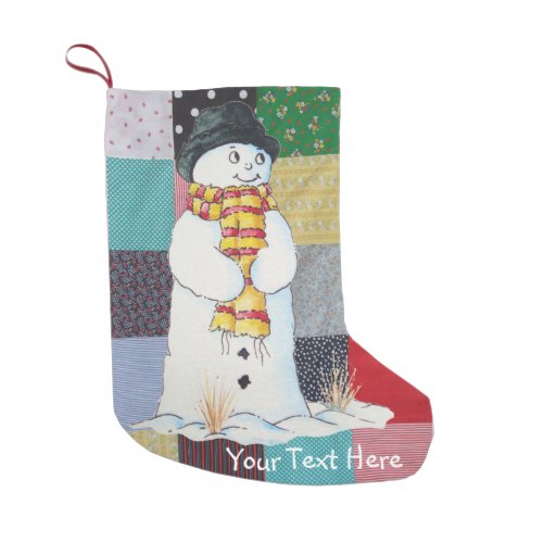 colorful patchwork fabric with cute snowman fun small christmas stocking