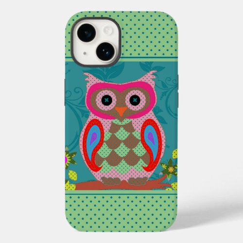 Colorful Patchwork Folk Art Owl and Dots Case_Mate iPhone 14 Case