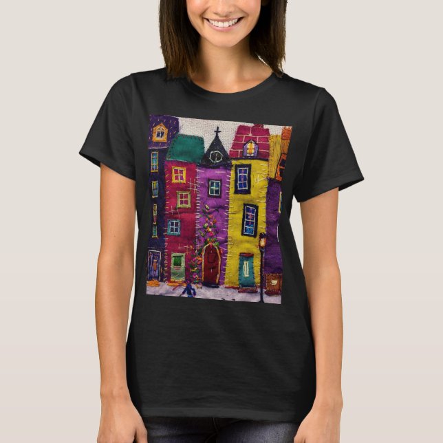 Colorful Patchwork Houses Textile Art T-Shirt (Front)