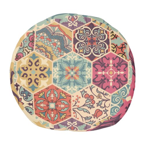 Colorful Patchwork Islam Majolica Tile Pouf