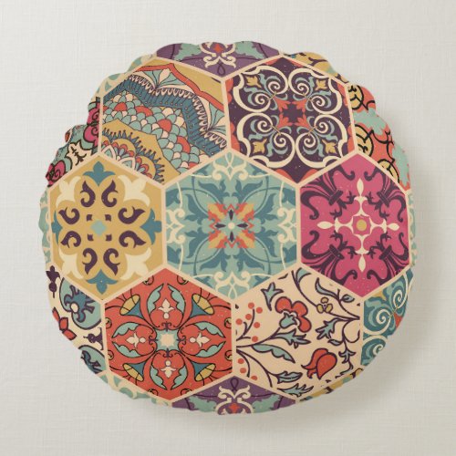 Colorful Patchwork Islam Majolica Tile Round Pillow