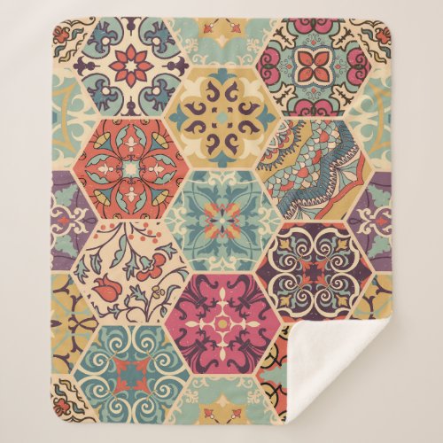 Colorful Patchwork Islam Majolica Tile Sherpa Blanket