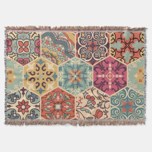 Colorful Patchwork Islam Majolica Tile Throw Blanket