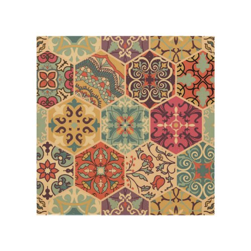 Colorful Patchwork Islam Majolica Tile Wood Wall Art