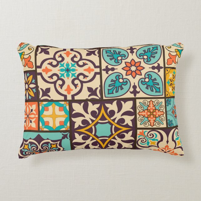 Colorful Patchwork Islam Motifs Tile Accent Pillow (Front)