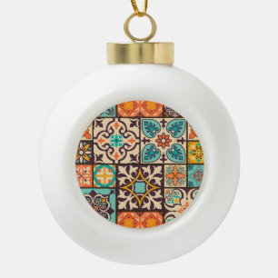 Colorful Patchwork Islam Motifs Tile Ceramic Ball Christmas Ornament