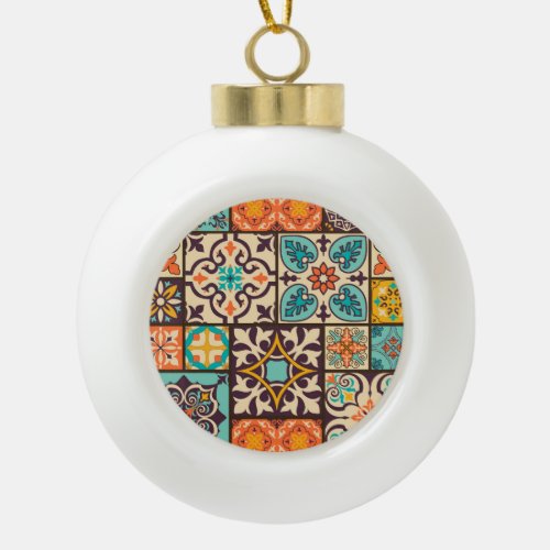 Colorful Patchwork Islam Motifs Tile Ceramic Ball Christmas Ornament