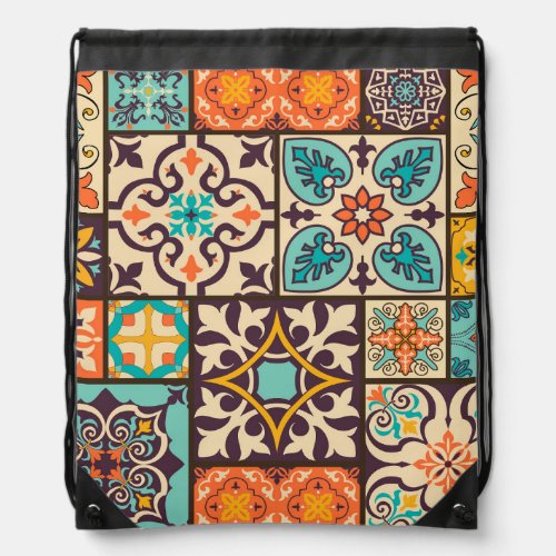 Colorful Patchwork Islam Motifs Tile Drawstring Bag