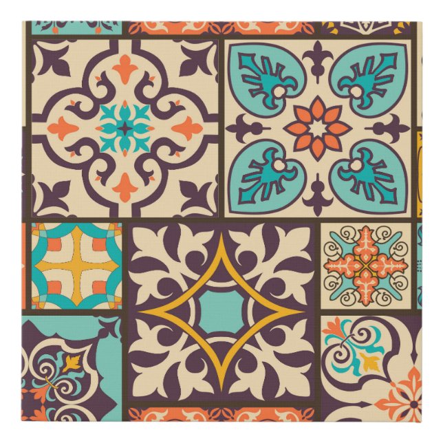 Colorful Patchwork Islam Motifs Tile Faux Canvas Print (Front)
