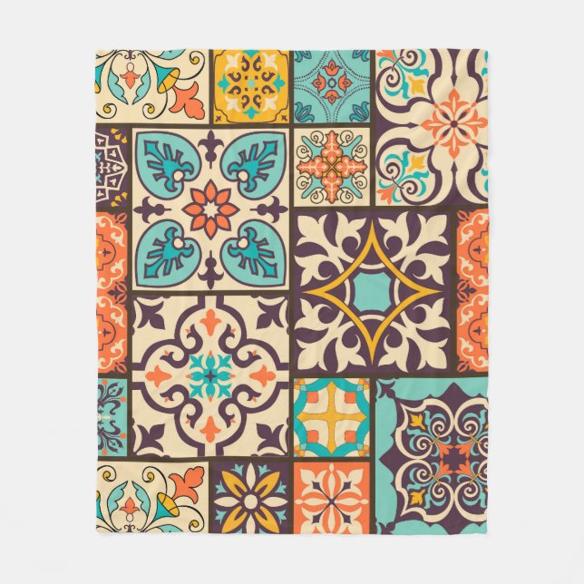 Colorful Patchwork Islam Motifs Tile Fleece Blanket (Front)