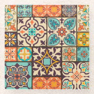 Colorful Patchwork Islam Motifs Tile Glass Coaster