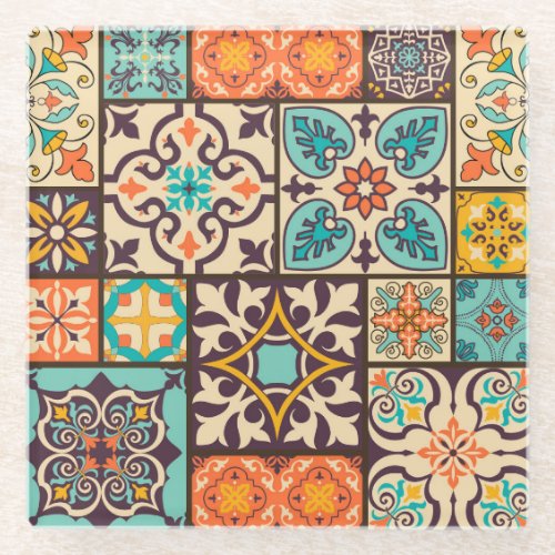 Colorful Patchwork Islam Motifs Tile Glass Coaster