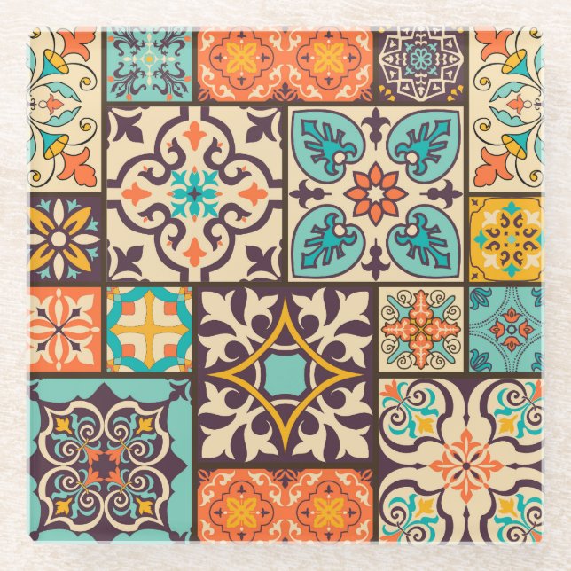 Colorful Patchwork Islam Motifs Tile Glass Coaster (Front)