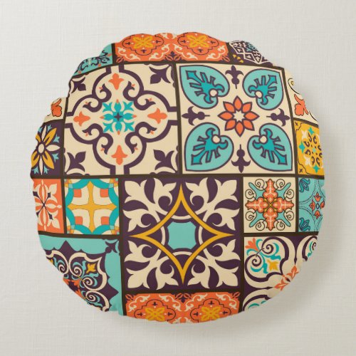 Colorful Patchwork Islam Motifs Tile Round Pillow