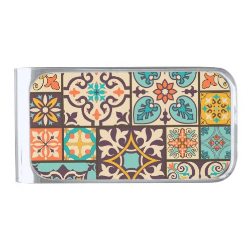 Colorful Patchwork Islam Motifs Tile Silver Finish Money Clip