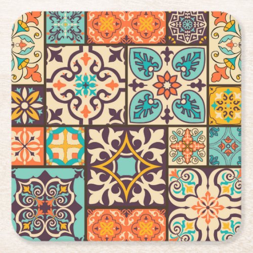 Colorful Patchwork Islam Motifs Tile Square Paper Coaster