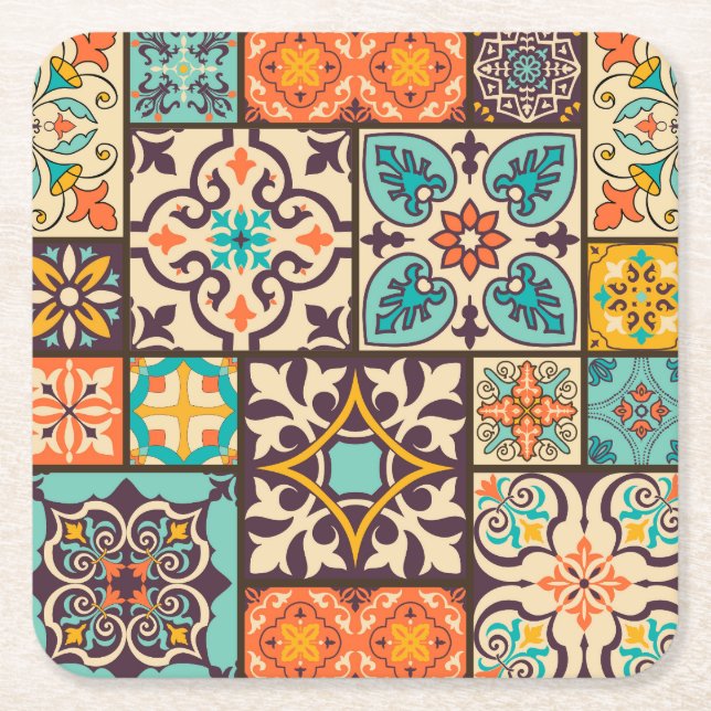 Colorful Patchwork Islam Motifs Tile Square Paper Coaster (Front)
