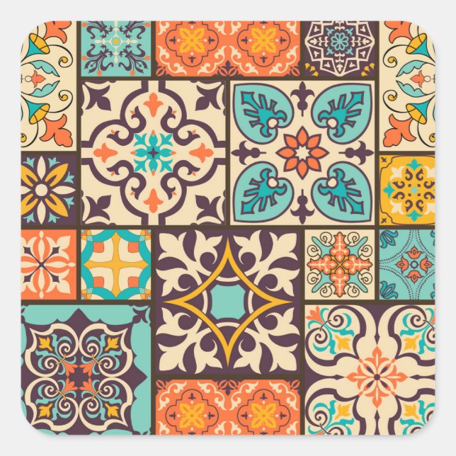 Colorful Patchwork Islam Motifs Tile Square Sticker (Front)