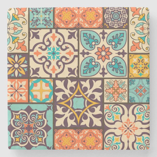 Colorful Patchwork Islam Motifs Tile Stone Coaster (Front)